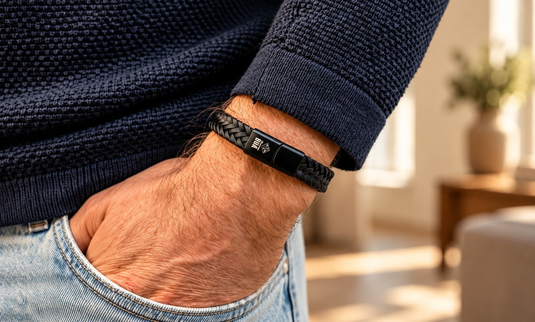 Schwarzes geflochtenes Lederarmband von Bavarian BUA am Handgelenk mit mattschwarzem Verschluss.
