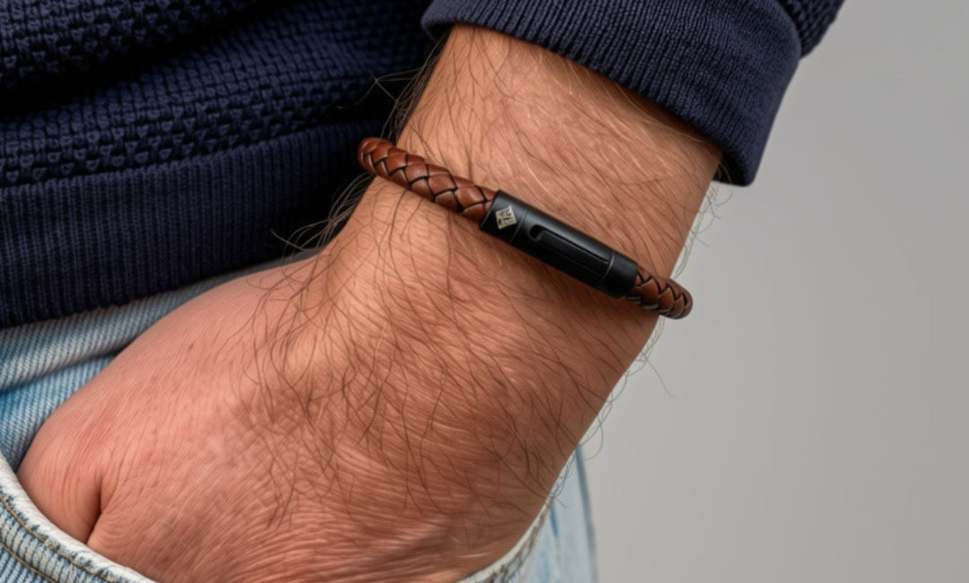 Braunes Lederarmband Pur aus rund geflochtenem Leder am Handgelenk zu dunkelblauem Strick.