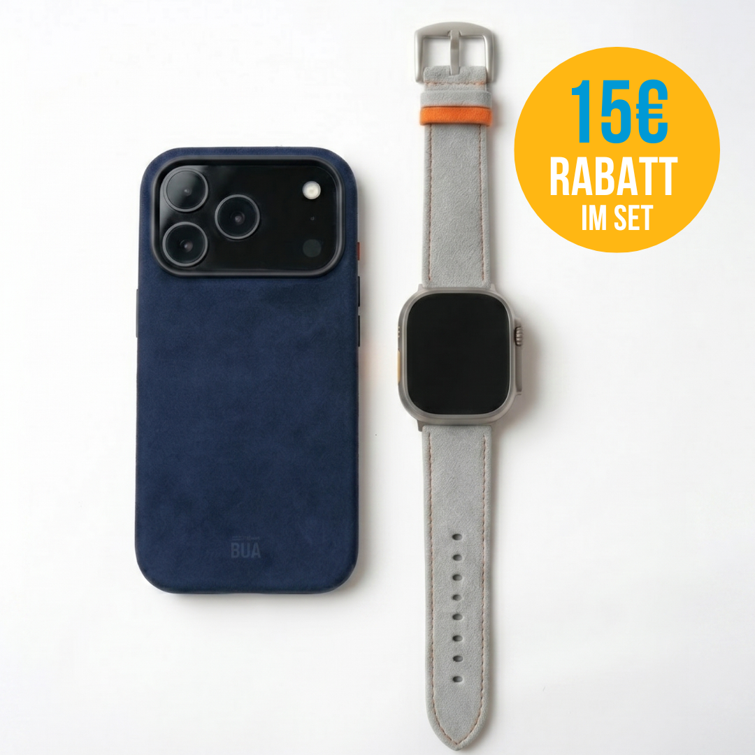 Alcantara Set – Apple Watch Band + iPhone Hülle ‚,Signature Hellgrau"
