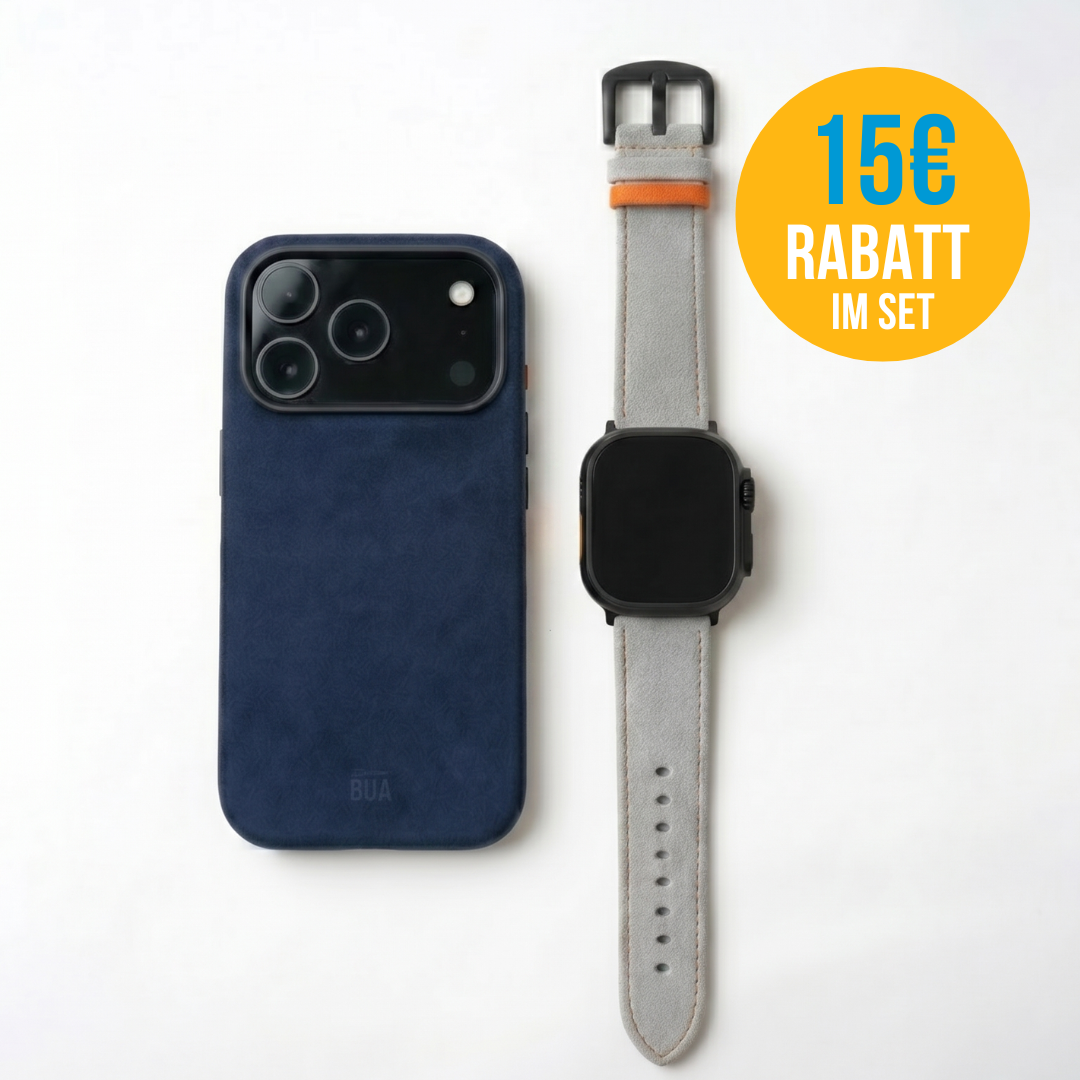 Alcantara Set – Apple Watch Band + iPhone Hülle ‚,Signature Hellgrau"