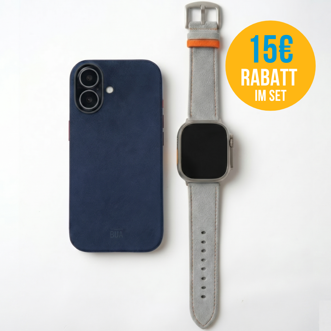 Alcantara Set – Apple Watch Band + iPhone Hülle ‚,Signature Hellgrau"