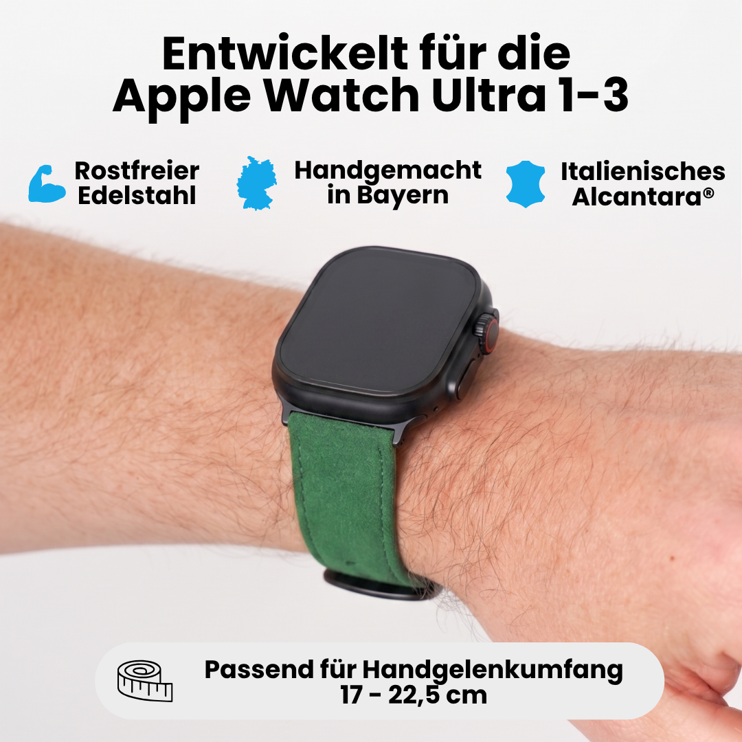 Grünes Alcantara Armband für Apple Watch Ultra 1–3 mit Edelstahl, handgemacht in Bayern und passendem Handgelenkumfang 17–22,5 cm