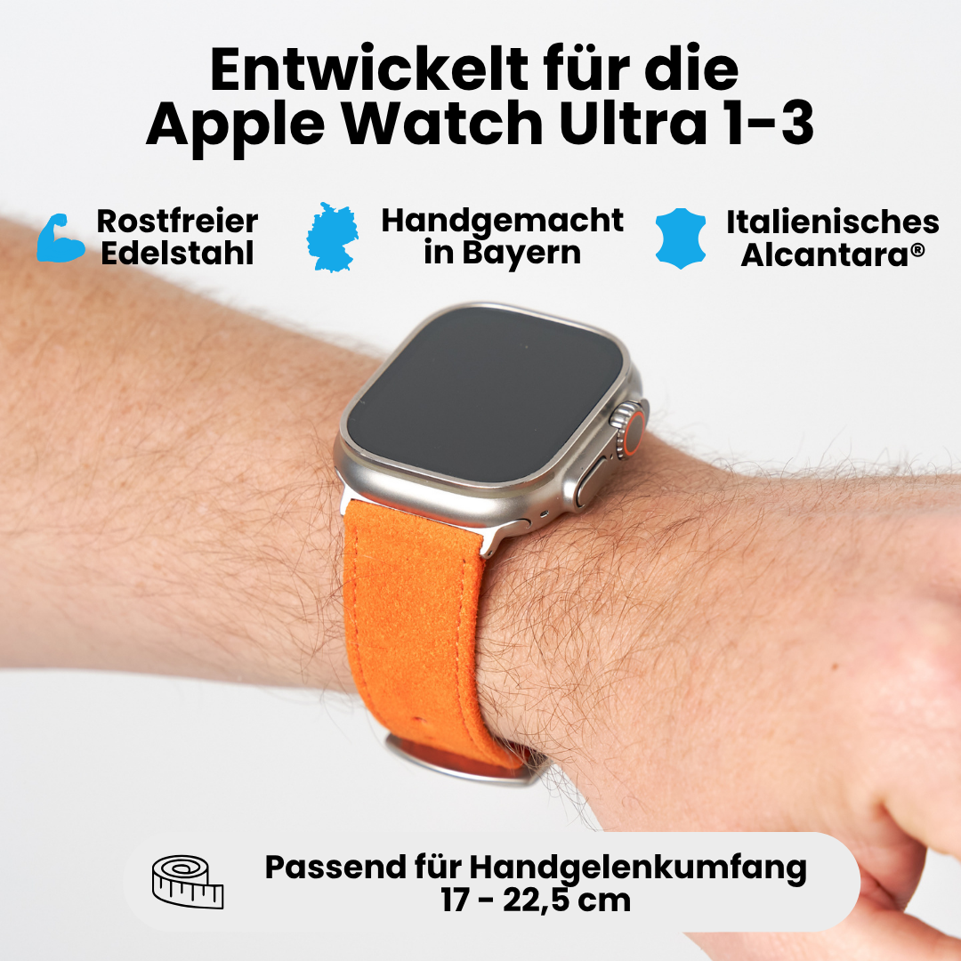Oranges Alcantara Armband für Apple Watch Ultra 1–3 mit Edelstahl, handgemacht in Bayern und passendem Handgelenkumfang 17–22,5 cm