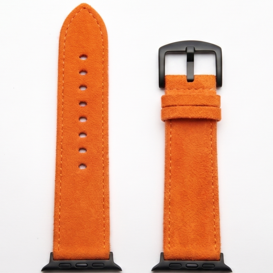 Oranges Alcantara Armband für Apple Watch Ultra mit silberner Edelstahl-Schließe