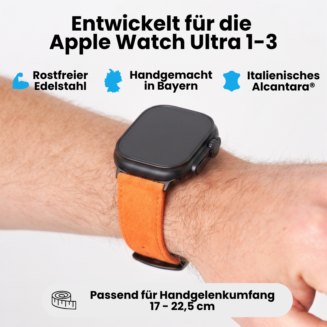 Oranges Alcantara Armband für Apple Watch Ultra 1–3 mit Edelstahl, handgemacht in Bayern und passendem Handgelenkumfang 17–22,5 cm